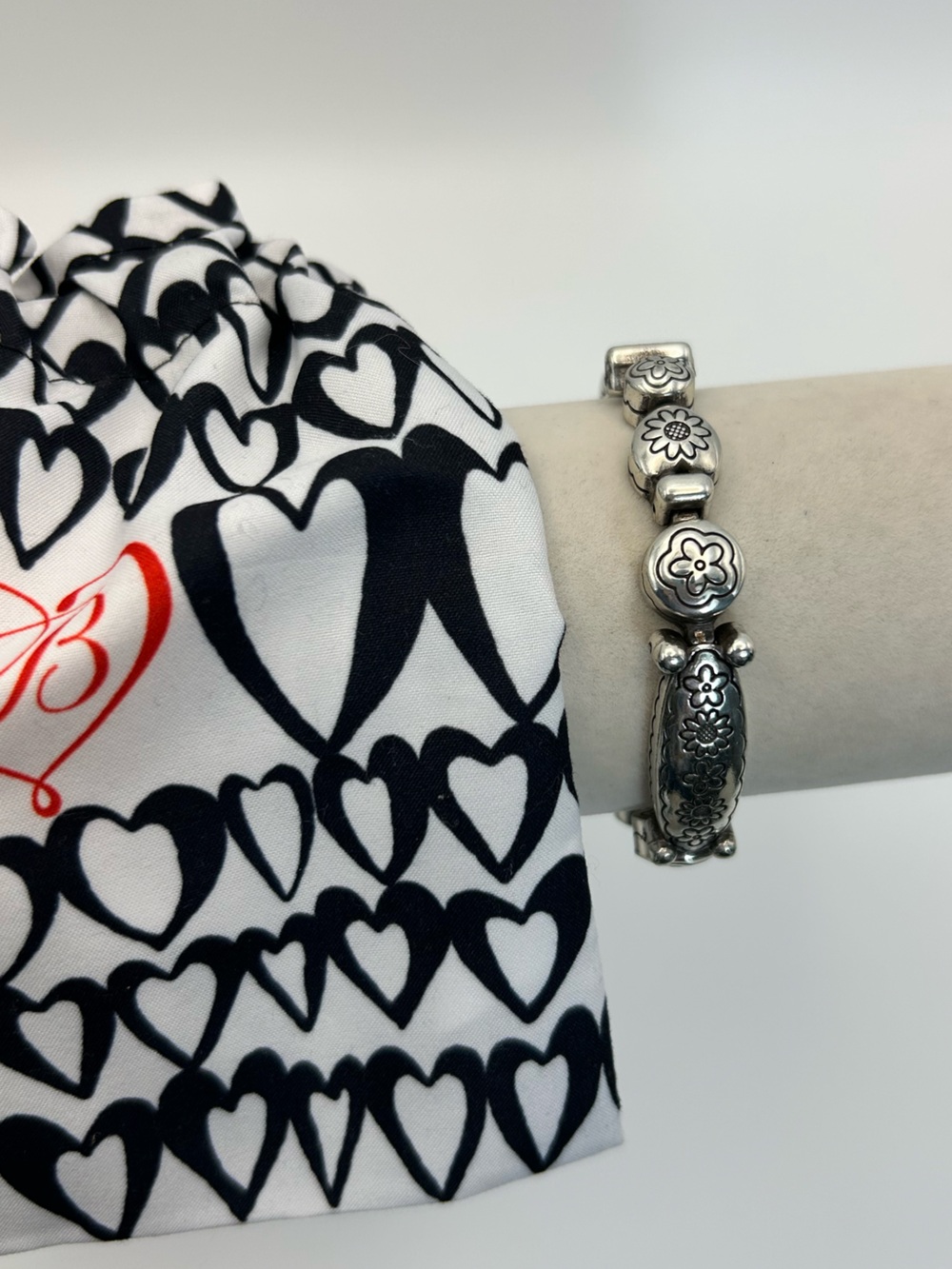 Brighton Vintage Floral Link Bracelet 7.5" Silver Plated Etched Chunky